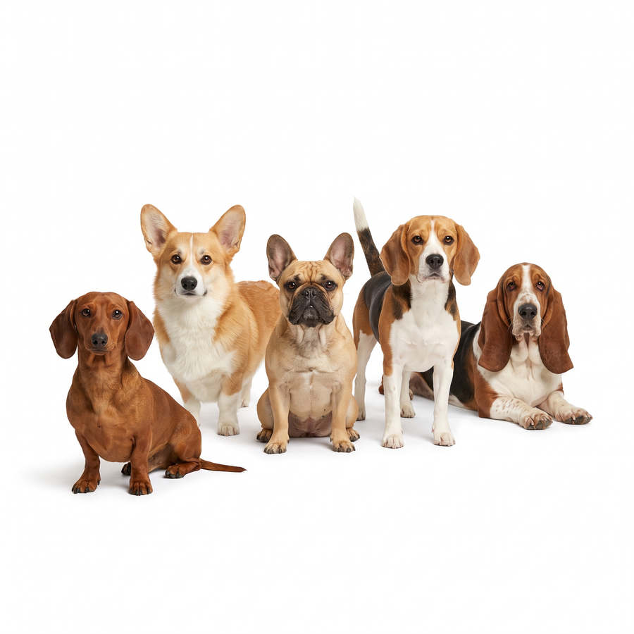 A Dachshund, Corgi, French Bulldog, Beagle and Basset Hound together