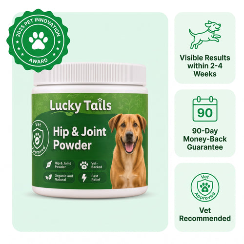 Lucky Tails Hip & Joint Powder tub with 2025 Pet Innovation Award badge, visible results in 2-4 weeks, 90-day money-back guarantee and vet recommended