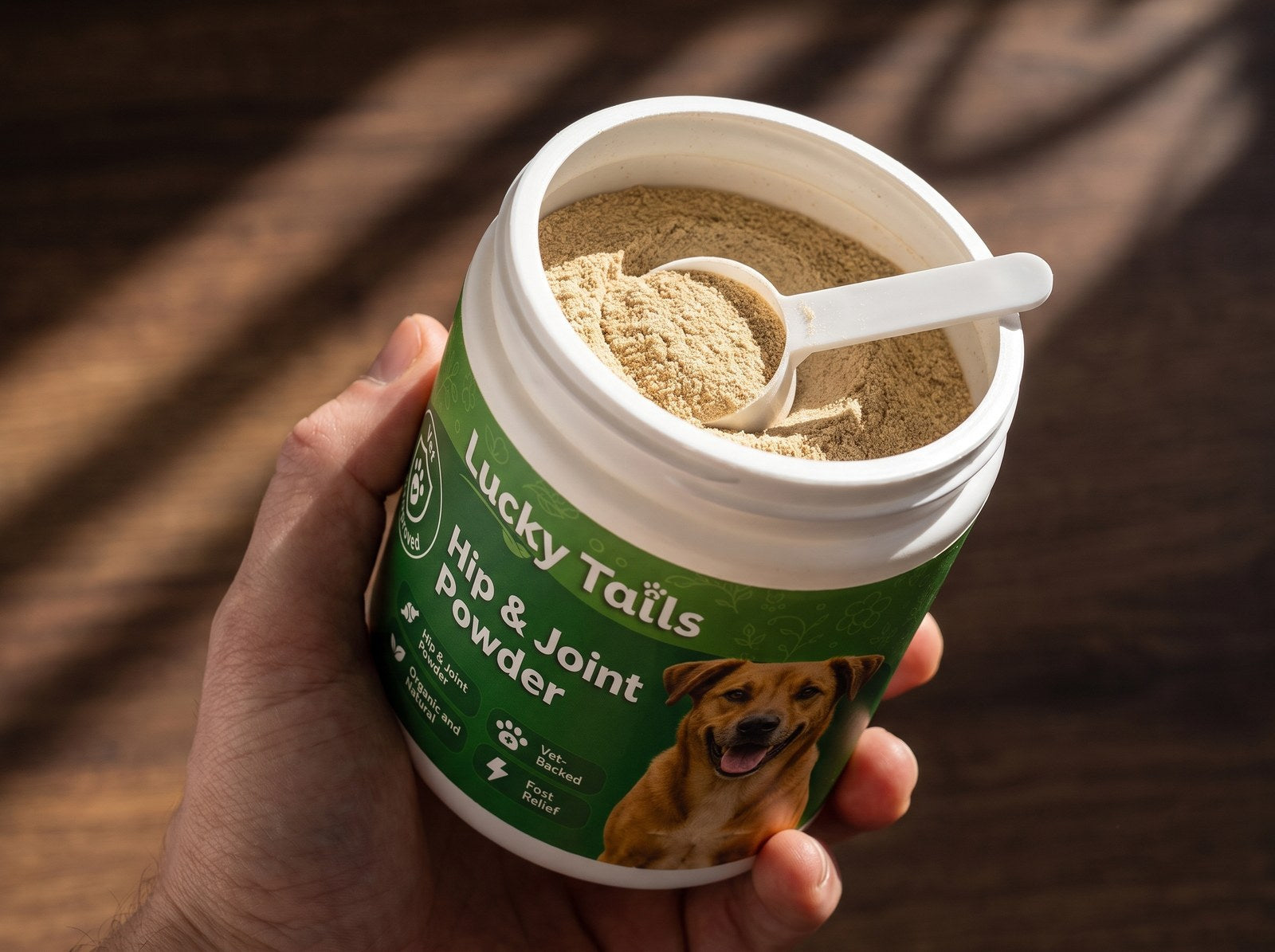 Open tub of Lucky Tails Hip and Joint Powder with the scoop resting in the powder