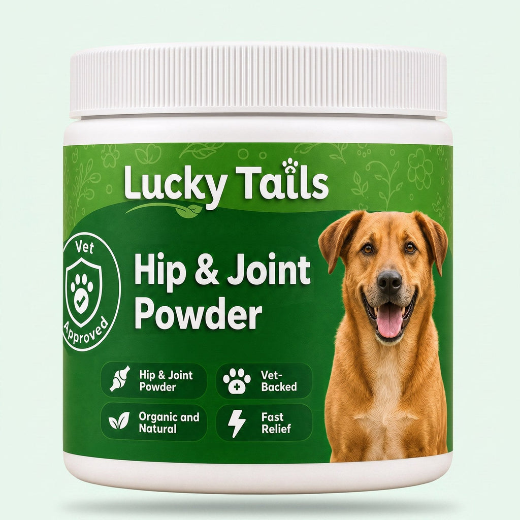 Lucky Tails Hip and Joint Powder tub on a clean pale background
