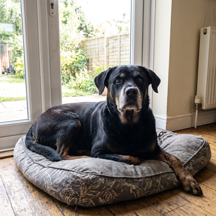 A rottweiler cross on its dog bed