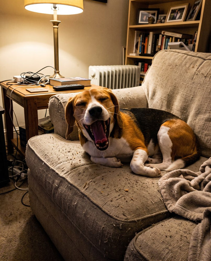 A beagle yawning on the sofa