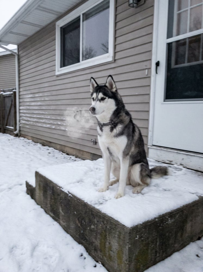 A husky sitting on a snowy step