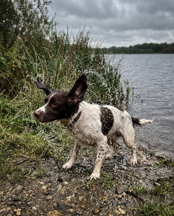 A springer spaniel shaking off water