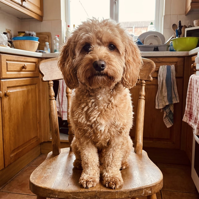 A poodle cross on a kitchen chair