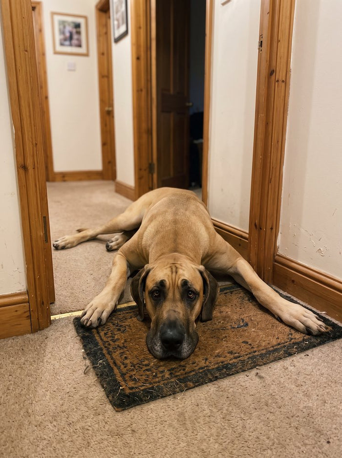 A great dane lying across the hallway