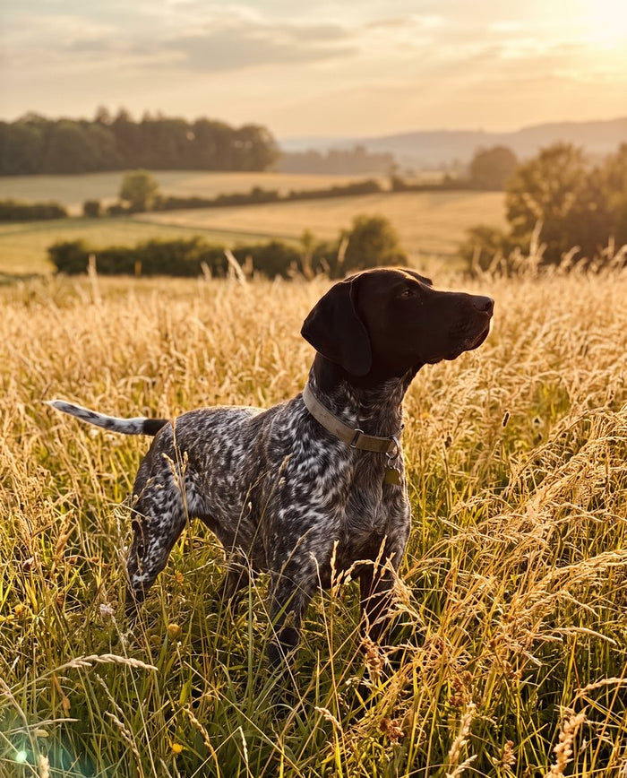 A pointer standing in long grass