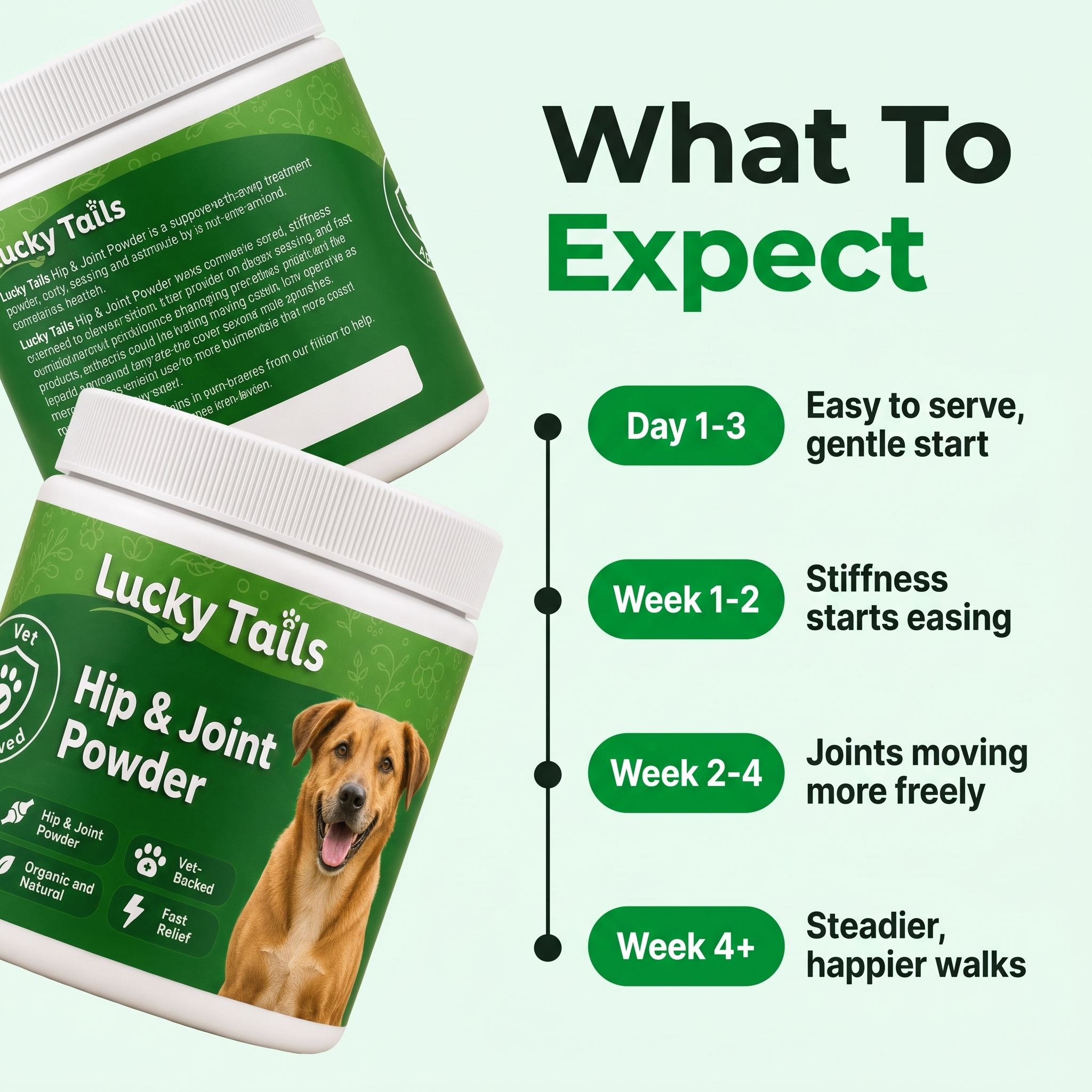 What to expect timeline: day 1-3 gentle start, week 1-2 stiffness easing, week 2-4 joints moving more freely, week 4 plus steadier happier walks