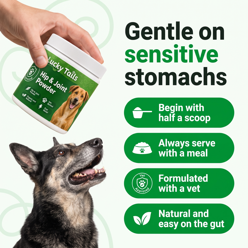 Gentle on sensitive stomachs - begin with half a scoop, always serve with a meal, formulated with a vet, natural and easy on the gut