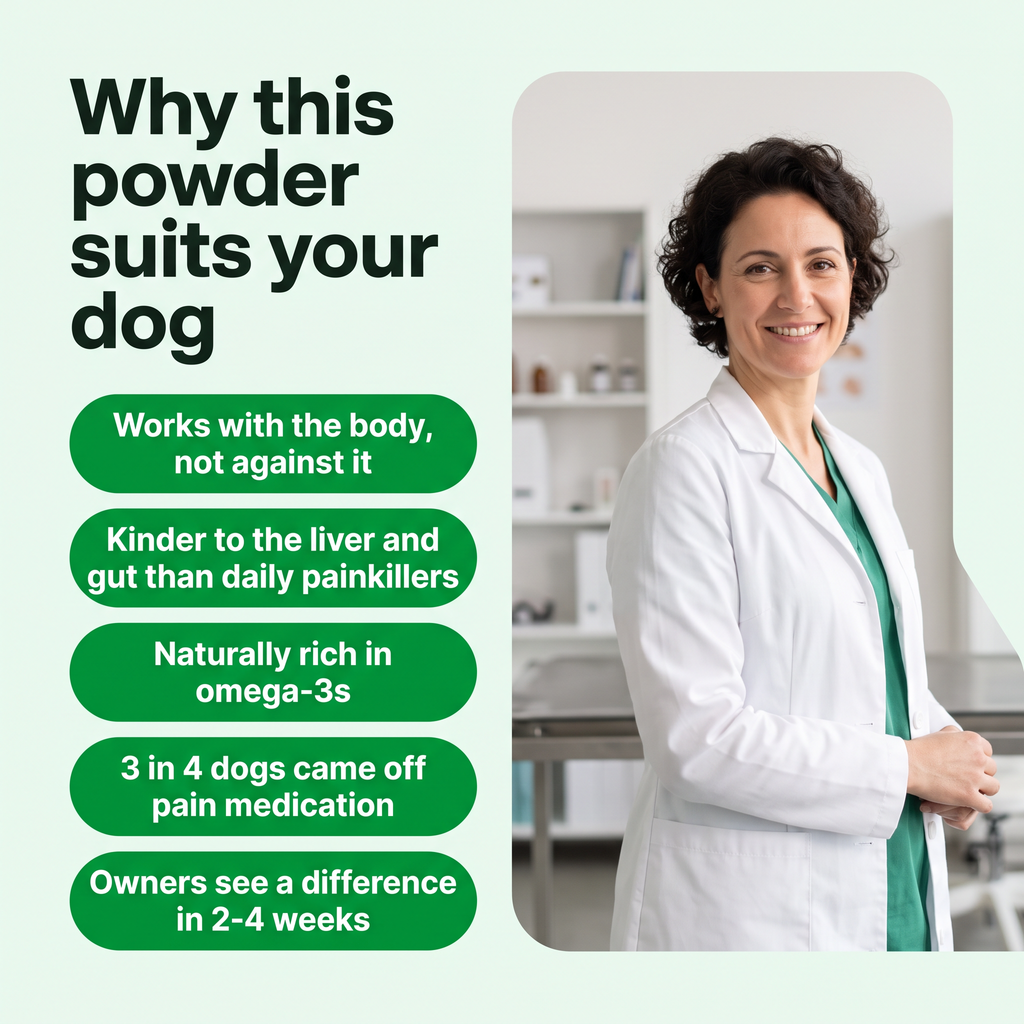 Why this powder suits your dog - naturally rich in omega-3s, kinder to the liver and gut than daily painkillers, with a veterinarian