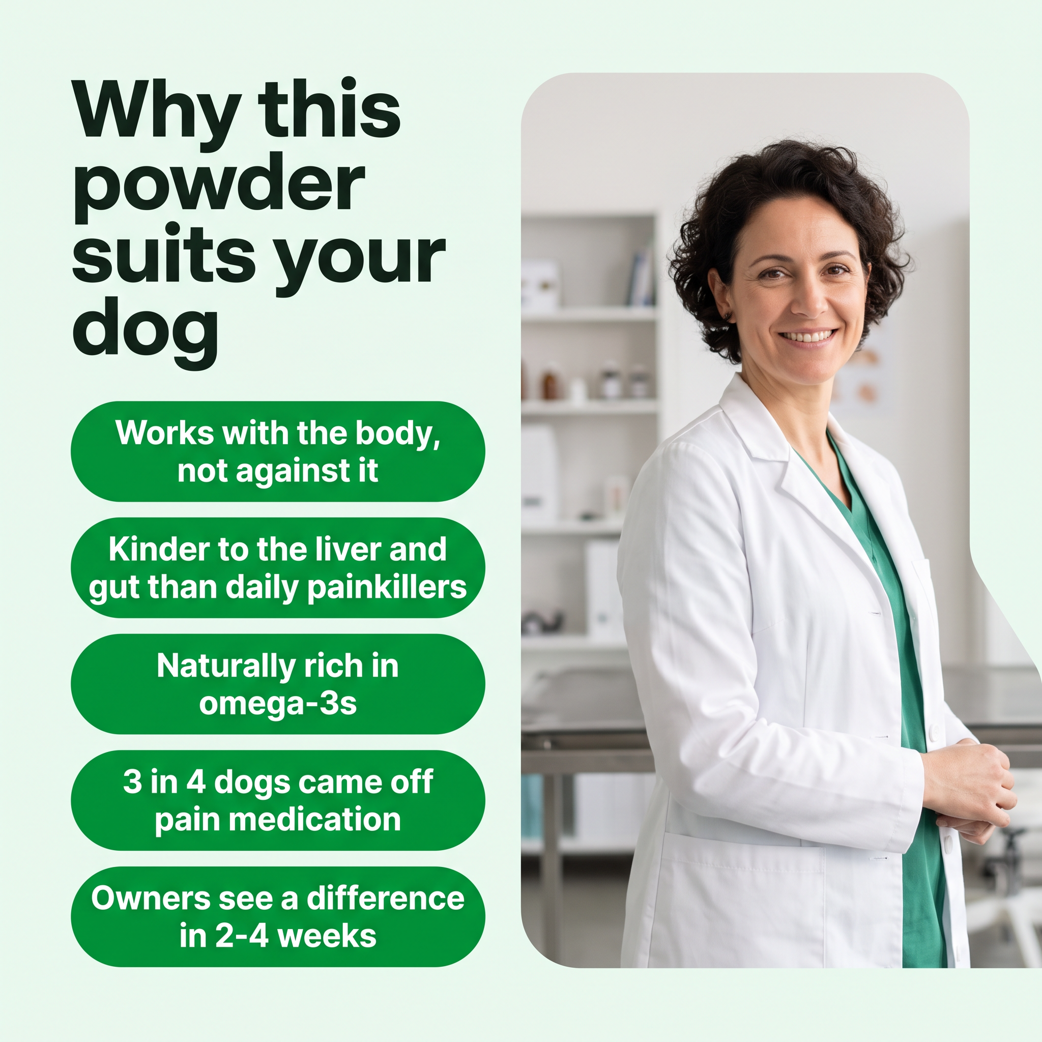 Why this powder suits your dog - naturally rich in omega-3s, kinder to the liver and gut than daily painkillers, with a veterinarian