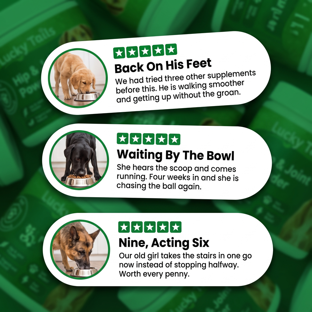 Three five-star customer reviews for Lucky Tails Hip & Joint Powder