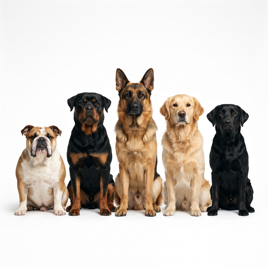 A German Shepherd, Golden Retriever, Labrador, Rottweiler and English Bulldog together
