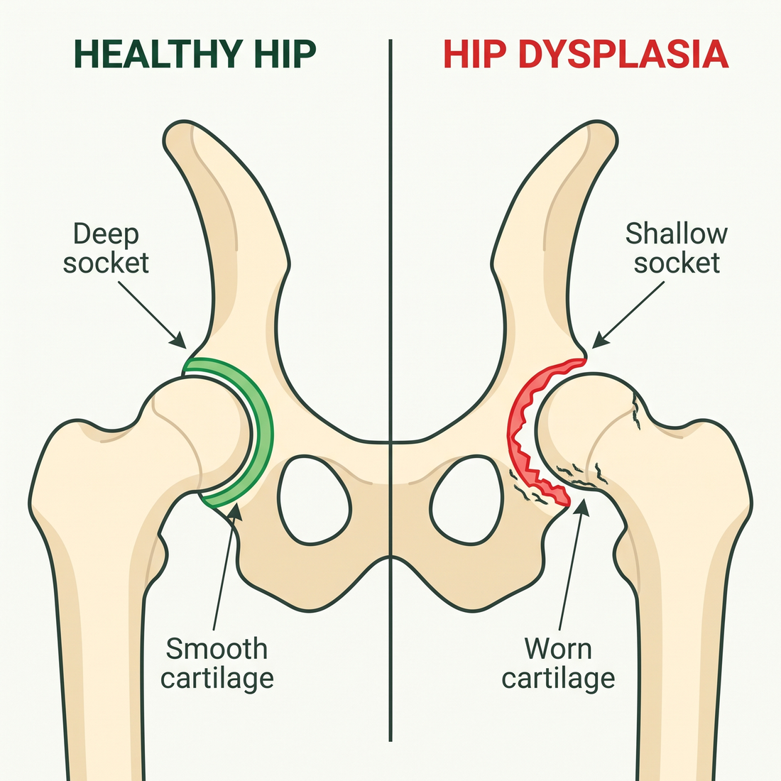 A healthy hip joint beside a dysplastic hip showing a shallow socket and worn cartilage