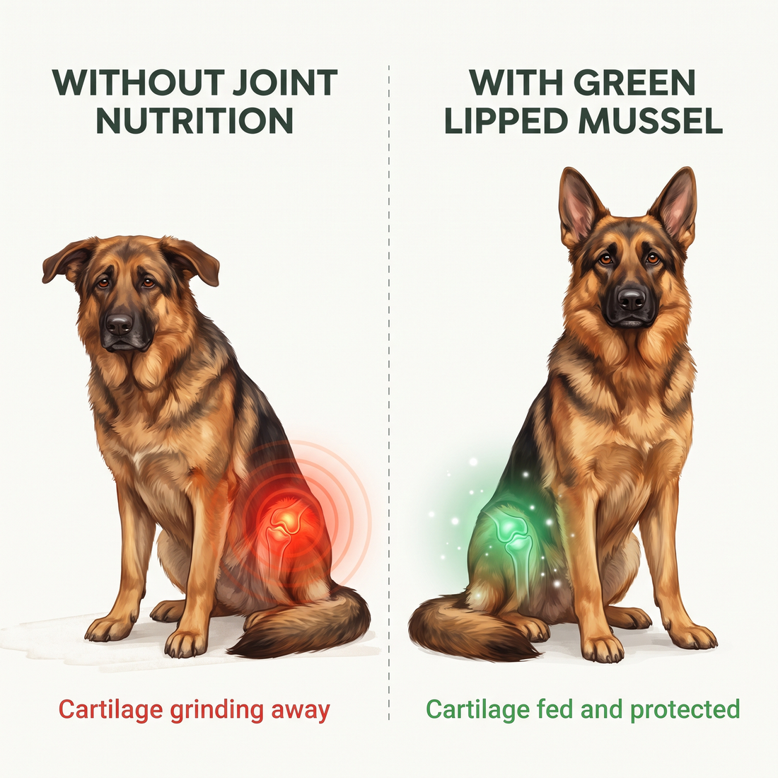 The same German Shepherd shown with an inflamed hip and with a protected, healthy hip