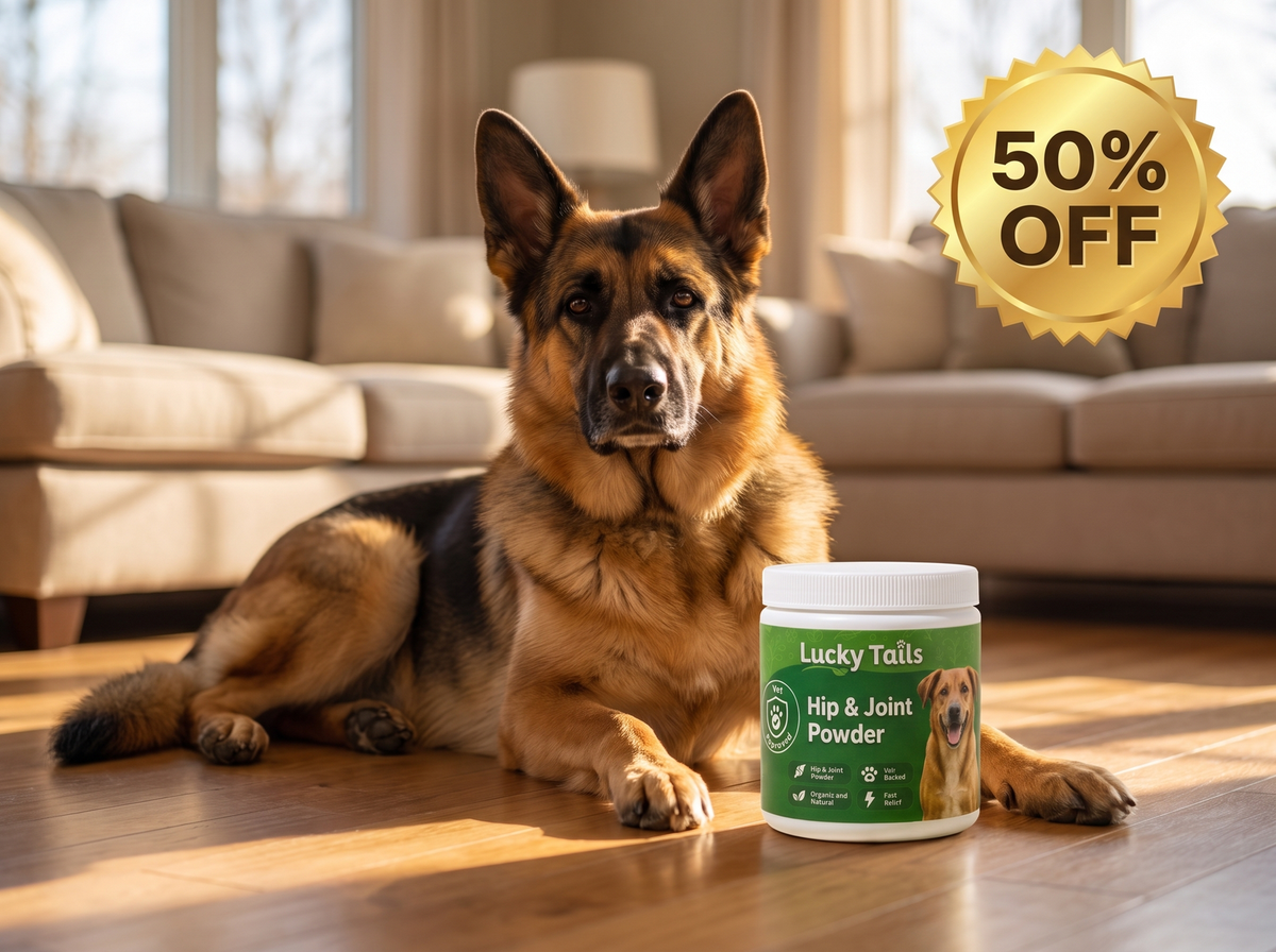 A German Shepherd resting beside the Lucky Tails tub with a 50% off seal