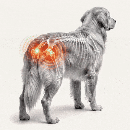 An inflamed hip joint on a dog's x-ray cooling into a healthy, nourished joint