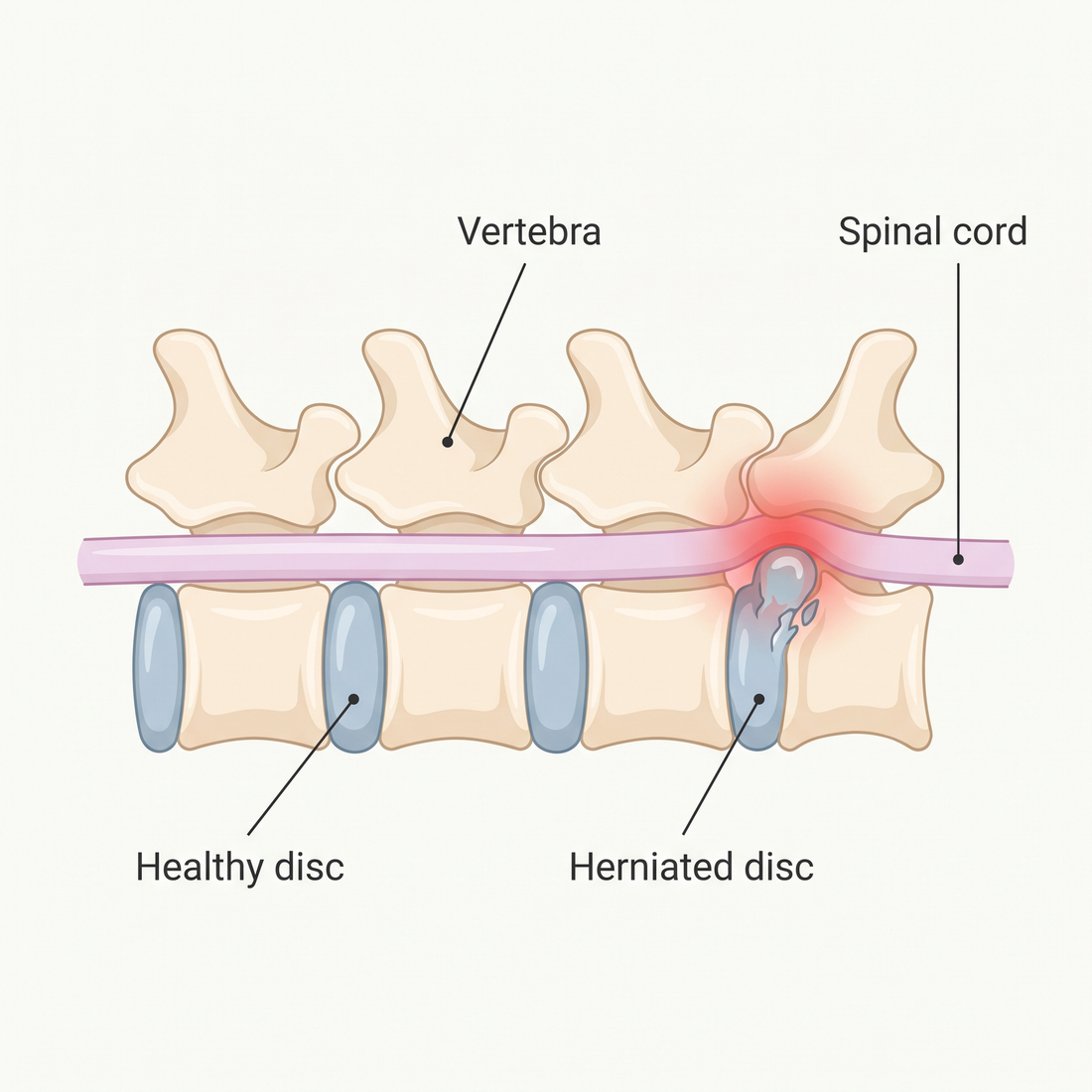 Cutaway of a dog's spine showing healthy discs beside a herniated disc pressing on the spinal cord