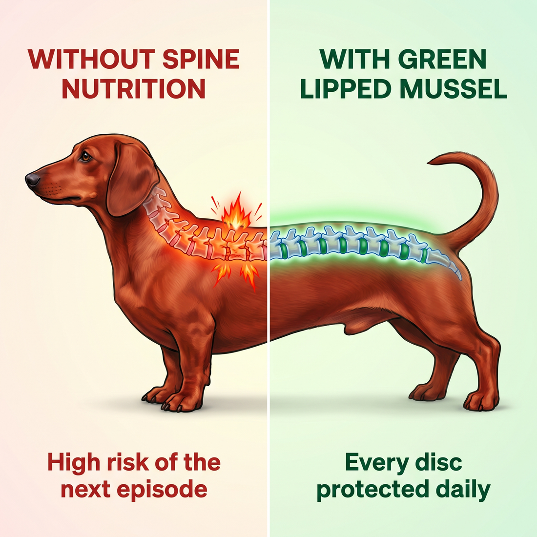 The same dachshund shown with an inflamed spine and with a protected, healthy spine
