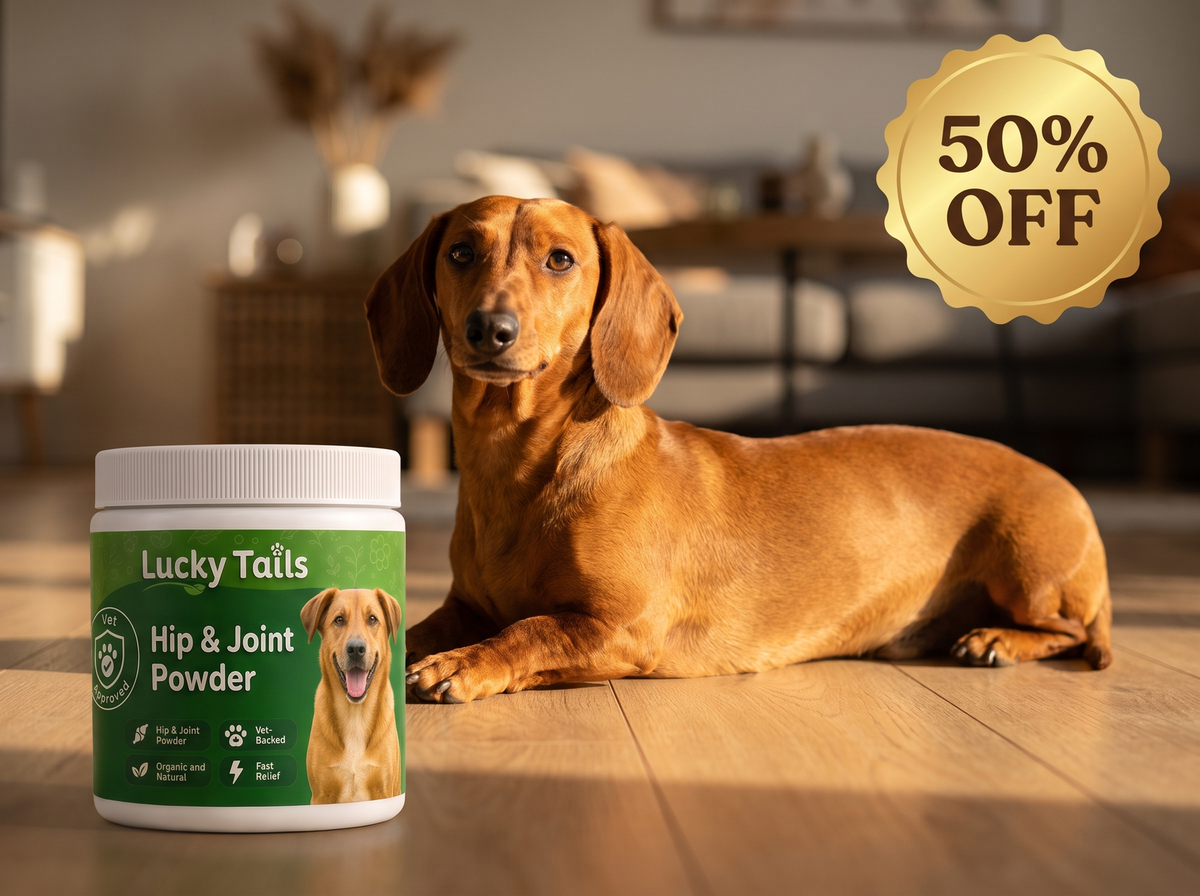 A dachshund resting beside the Lucky Tails tub with a 50% off seal