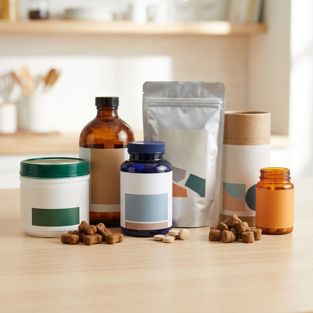 A cupboard shelf of joint supplement tubs, bottles and chews already tried