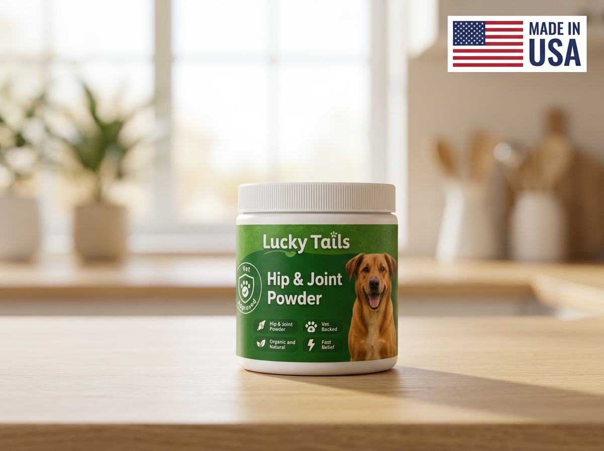 Lucky Tails hip and joint powder on a kitchen counter