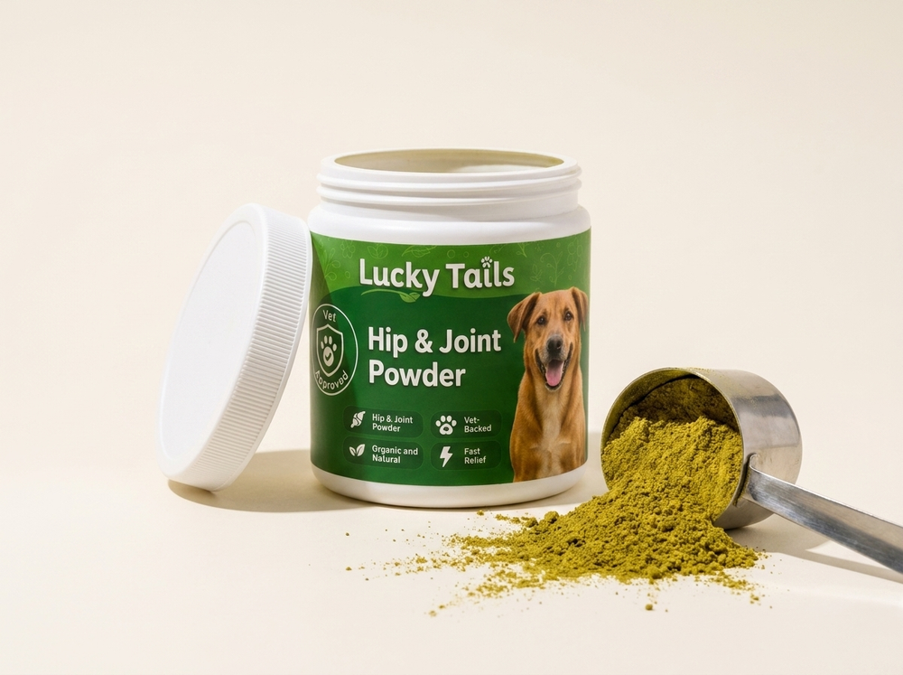 Lucky Tails tub with the lid off beside a scoop of green lipped mussel powder