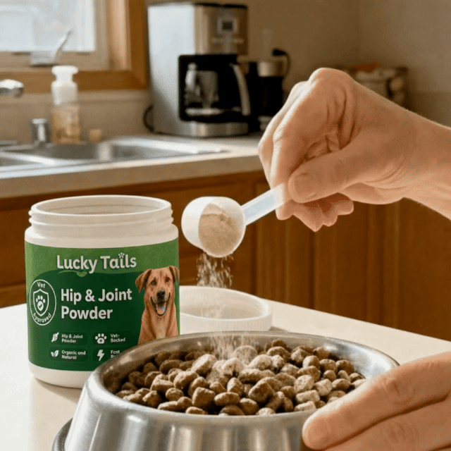 A scoop of green lipped mussel powder being sprinkled over a bowl of food