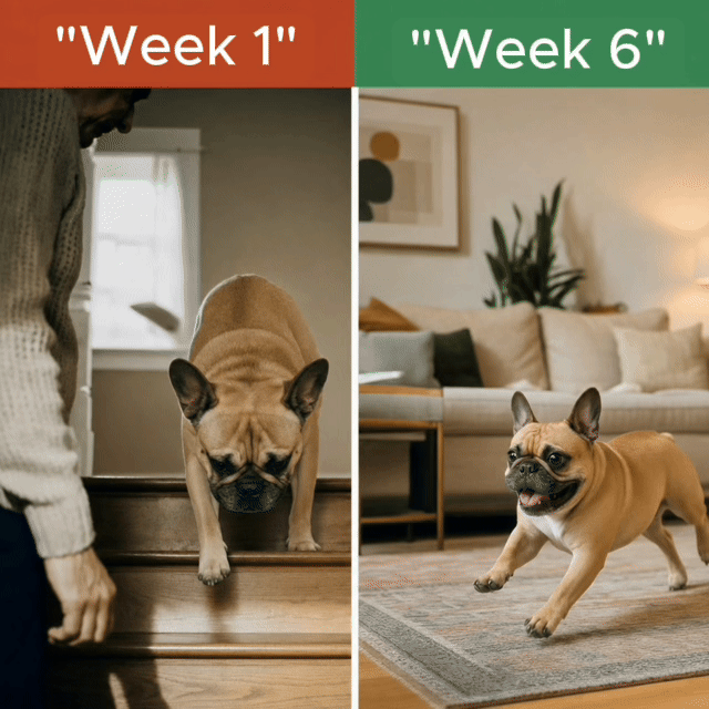 The same dog walking away from camera at week one and again at week six